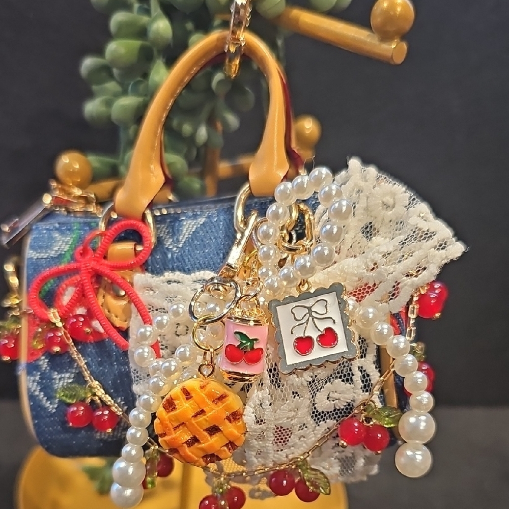 Denim Cherry Embellished Mini Bag Keychain with Pearls - Picture 3 of 6
